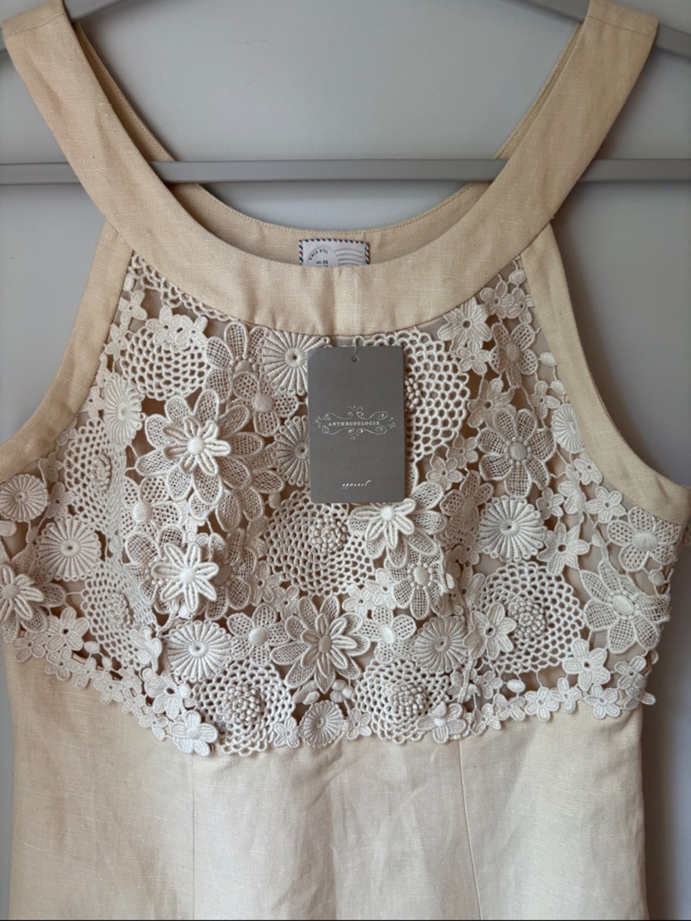 Anthropologie Cream Floral Crochet Linen Tank Dress
